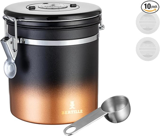 BERTILLE Stainless Steel Coffee Canister,16 oz Kitchen Food Storage Container with Date-Tracker, CO2-Release Valve and Measuring Scoop for Grounds Coffee, Beans, Tea, Cereal, Sugar（Medium,Golden）