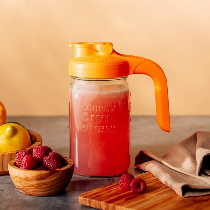 County Line Kitchen Glass Mason Jar Pitcher with Lid - Wide Mouth, 1 Quart (32 oz) - Heavy Duty, Leak Proof - Sun & Iced Tea Pitcher, Cold Brew Coffee, Breast Milk Storage, Water - Sunrise Orange