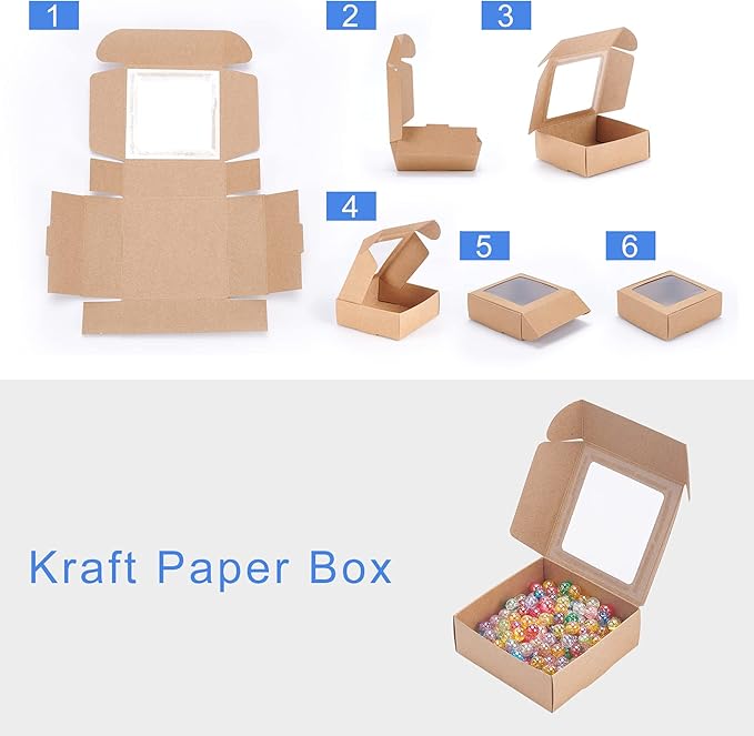 BENECREAT 20 Packs 3.7x3.7x1.4inch Square Brown Kraft Paper Boxes with Clear Windows for Wedding Party Favor, Bakery, Jewelry, Halloween Christmas Gift Packaging