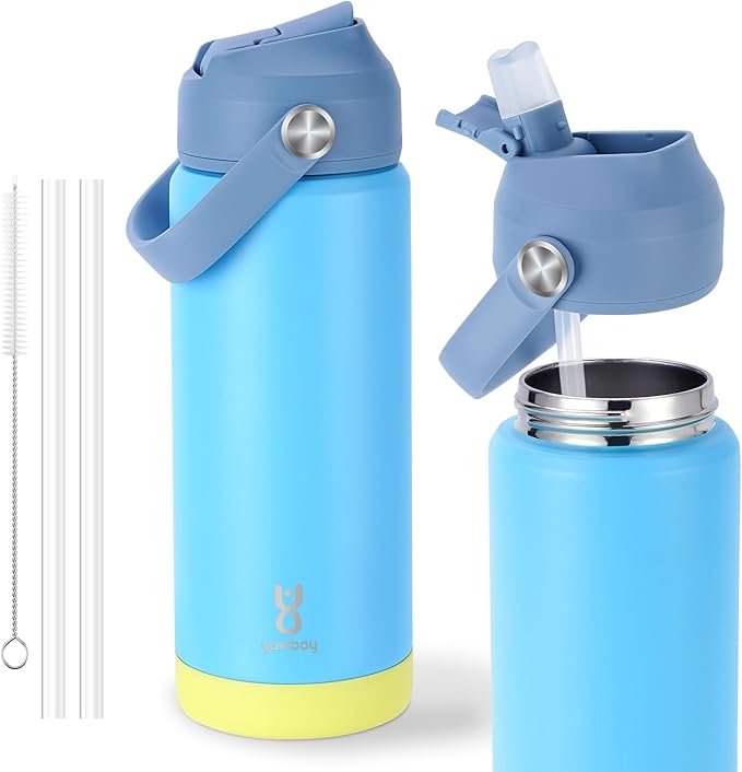 18oz Kids Insulated Water Bottle with Straw Lid & Silicone Handle,Kids Leak Proof Water Bottle for School Boys Girls,Double Wall Vacuum Stainless Steel with Non-slip Silicone Base(Blue)
