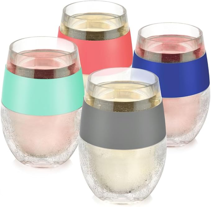 Host Wine Freeze Cooling Cups, Plastic Wine Glasses for Red and White Wines, Double Wall Insulated Freezable Drink Chilling Tumbler, Champagne Gifts for Women, 8.5 oz, Set of 4, Assorted Colors