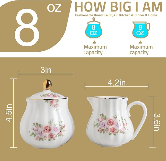 Sweejar Royal Ceramic Sugar and Creamer Set, 3 Piece Set with Cream Pitcher, Sugar Bowl, Sugar Set with Lid & Spoon, Coffee Serving Set Wedding Gift (Rose Flower)