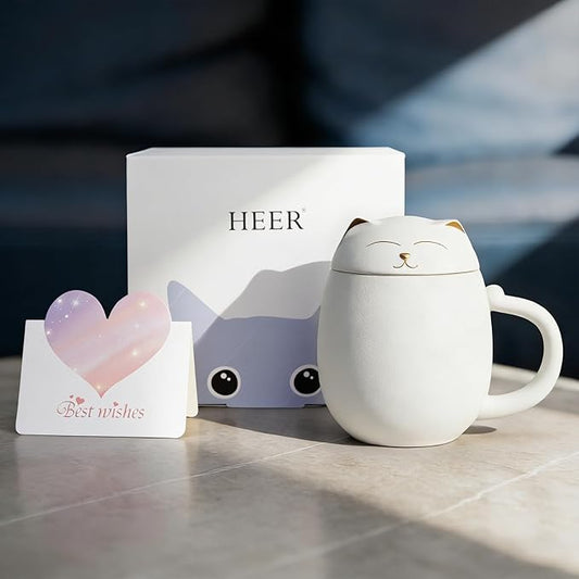 HEER Cat Tea Cup with Infuser and Lid, Cute Tea Mug with Strainer for Steeping Loose Leaf, Ceramic Teacup Birthday Christmas Cat Lover Gifts for Women, Men, Mom, Sisters, besties. (White)