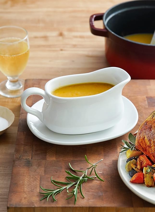 LE TAUCI 17oz Gravy Boat with Saucer Stand, Set of 1, Ceramic Sauce Boat with Tray for Salad Dressings, Creamer, Broth, Black Pepper, White