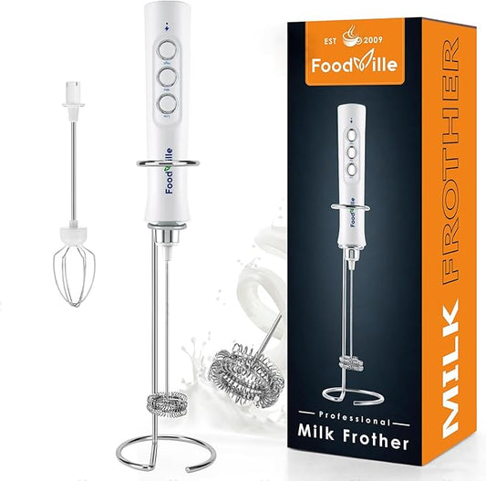 MF02 Rechargeable Milk Frother Handheld Foam Maker with Stainless Whisk for Cappuccino, Latte, Bulletproof Coffee, Keto Diet, Protein Powder, Matcha (Pure White)