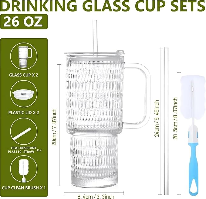 26oz Glass Cups with Lids and Straws,2 Pack Tumbler With Handle Mason Jar Wide Mouth Reusable Drinking Glasses with Lid and Straw Smoothie Tumbler Iced Coffee Beer Cup Travel Mug(Waterdrop)