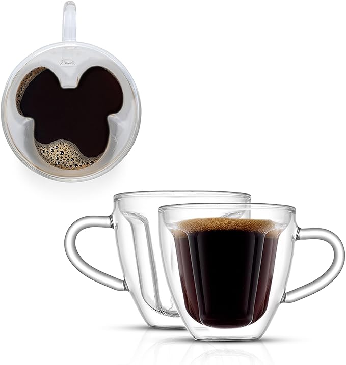 JoyJolt Disney Mickey Mouse 3D Espresso Cups 5.4oz Glass Set of 2 - Insulated Double Wall Design, Unique Coffee Mugs