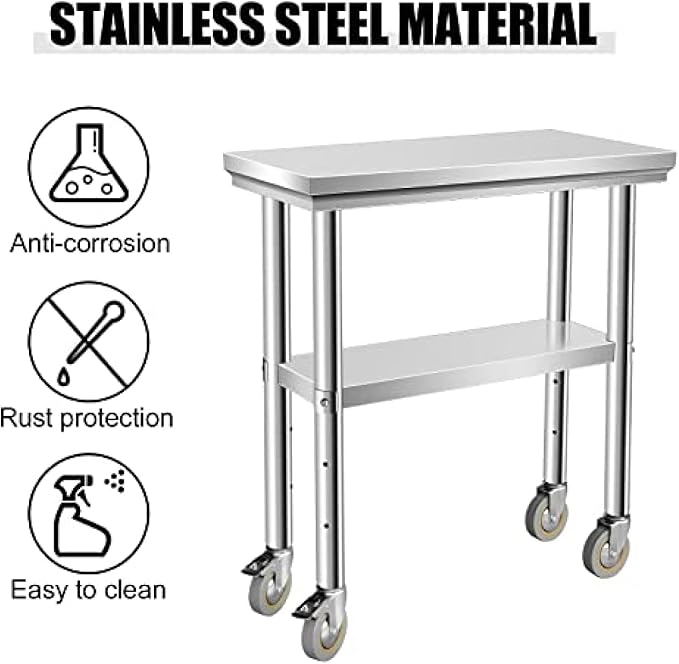 Stainless Steel Table - Metal Table Cart - Commercial Workbench with Caster Wheel - NSF Certified - for Restaurant, Warehouse, Home, Kitchen, Garage,30''x12''