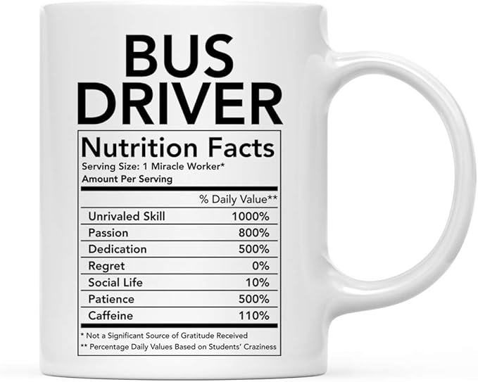 Andaz Press Funny 11oz. Ceramic Coffee Tea Mug Thank You Gift, Bus Driver Nutritional Facts, 1-Pack