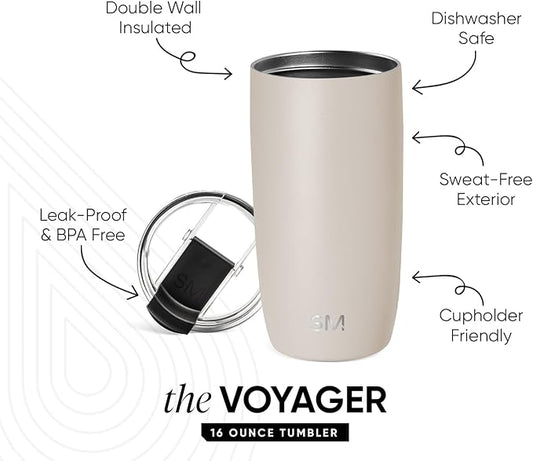 Simple Modern Travel Coffee Mug Tumbler with Flip Lid | Reusable Insulated Stainless Steel Cold Brew Iced Coffee Cup Thermos | Gifts for Women Men Him Her | Voyager Collection | 16oz | Almond Birch