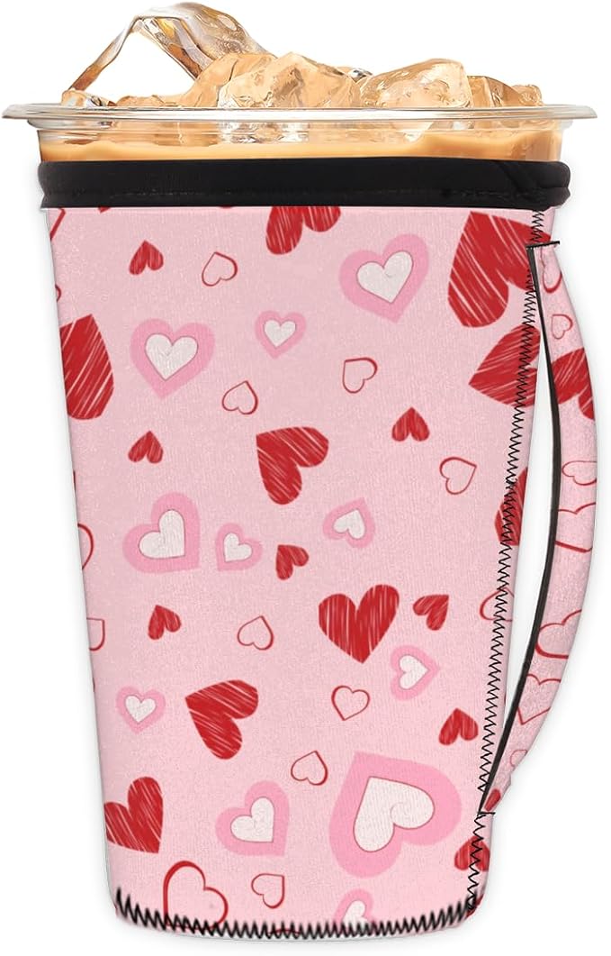 Pink White Hearts Reusable Coffee Sleeves Iced Coffee Cozy Insulator,Valentine's Day Neoprene Holder with Handle for Cold Coffee or Ice Drink, Medium 24-28oz