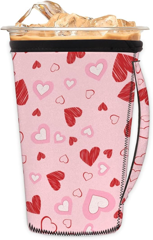 Pink White Hearts Reusable Coffee Sleeves Iced Coffee Cozy Insulator,Valentine's Day Neoprene Holder with Handle for Cold Coffee or Ice Drink, Medium 24-28oz