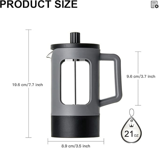 YOLIFE French Press Coffee Maker, 21 oz Small Coffee Tea Press with Heat-resistant Borosilicate Glass, 4-Level Filtration Systems, Portable Coffee Pot for Camping Travel Gifts, Grey and Black