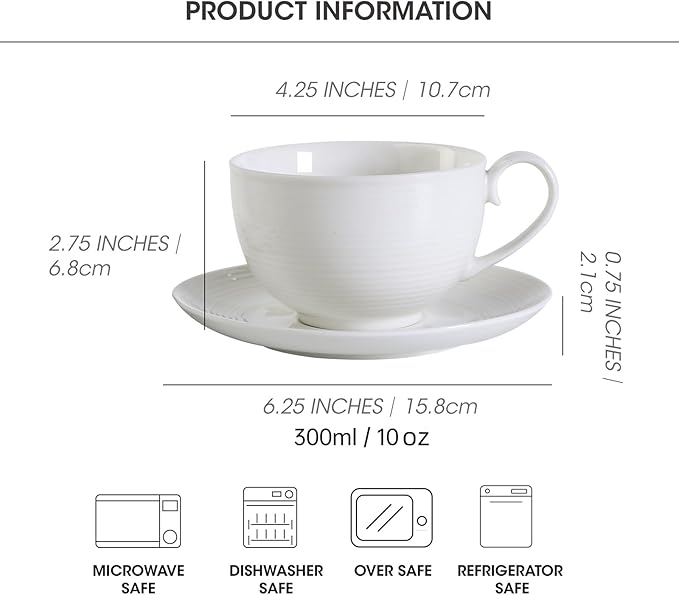 10OZ Porcelain Cappuccino Cups with Saucers, Ceramic Espresso Cups Set, White Coffee Cup and Saucer, White Tea Cup Set, Dishwasher & Microwave Safe, Gift for Anniversary or Housewarming (4PCS) ﻿