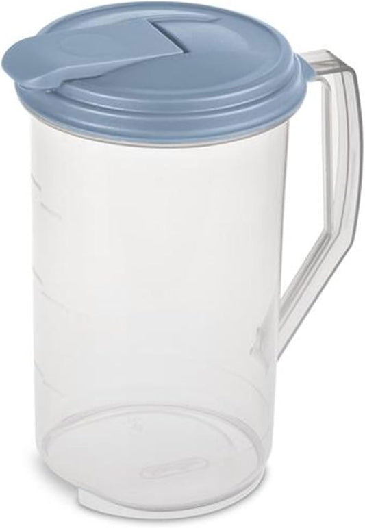 Sterilite 2 Quart Clear Round Plastic Pitcher, Dishwasher Proof with Blue Lid, Spout, and Handle for Easy Pouring, Washed Blue, 18-Pack