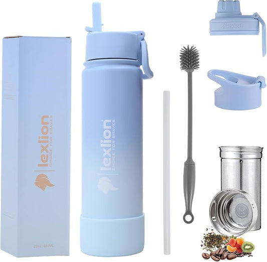 Lexlion Tea Infuser Water Bottle 22 Oz – Triple Wall Insulated Stainless Steel, Loose Leaf & Fruit Strainer, 3 Leakproof Lids, BPA-Free Silicone Sleeve, Reusable Thermal Mug