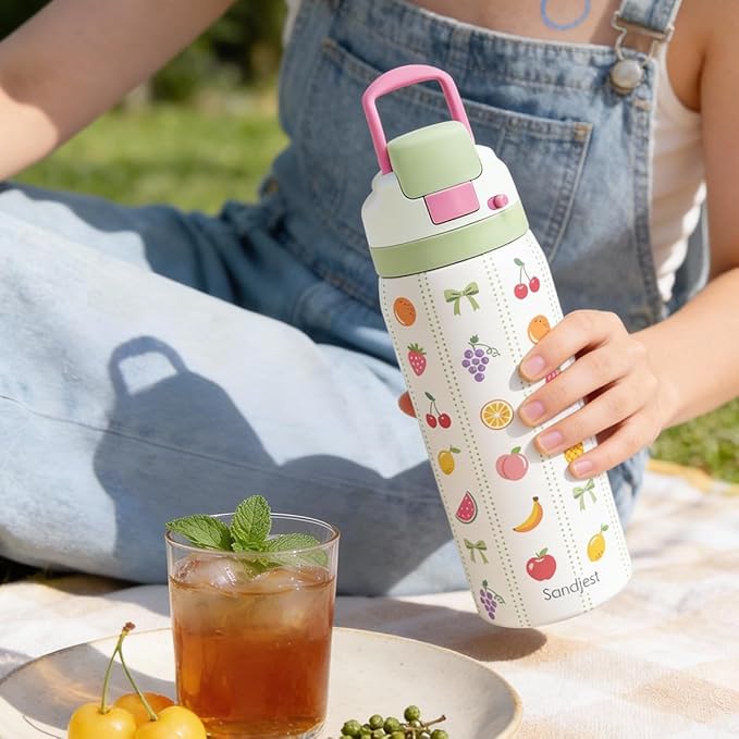 Fruits Stainless Steel Water Bottle, Vacuum Insulated, Push-Button Lid, 32 oz, Gifts for Women Girls Friends Teens Birthday Christmas