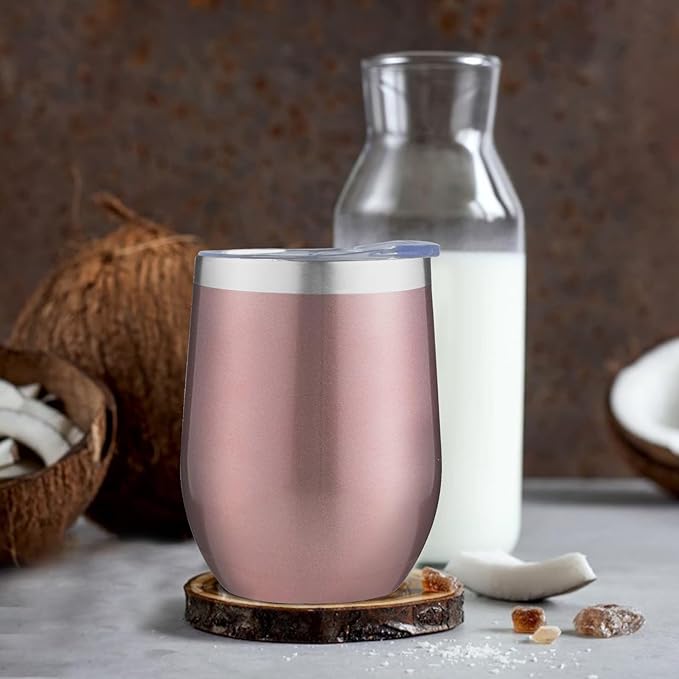 MEZMUT 12 Oz Insulated Wine Tumbler with Lid Double Wall Vacuum Stainless Steel Wine Glass Coffee Mug Insulated Tumbler Cup for Champaign, Cocktail, Beer (Rose Gold, 6 Pack)