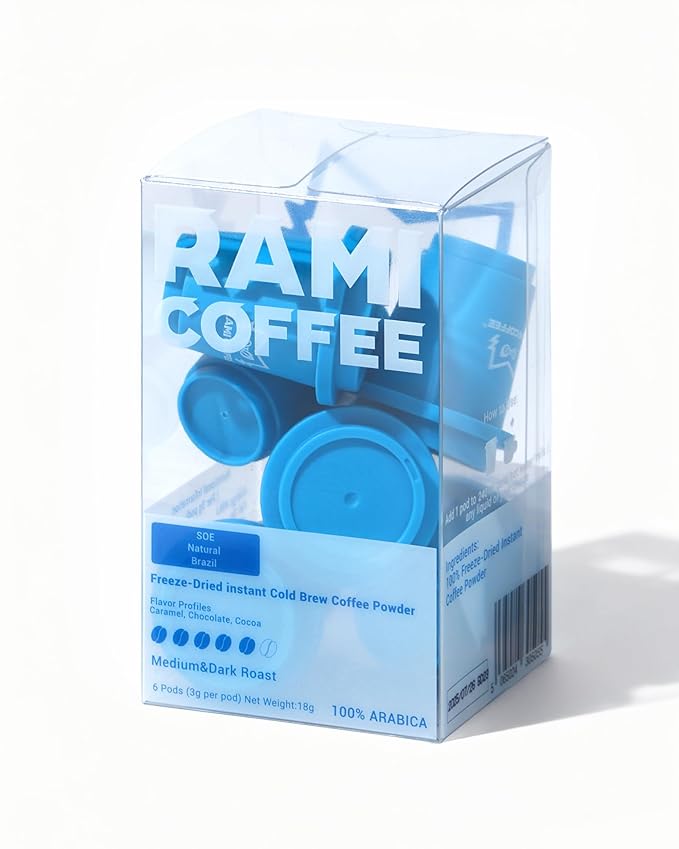 Rami Coffee Cold Brew Freeze Dried Instant Coffee Powder, Medium-Dark Roast 100% Arabica, 6 Portable Single Packets for Home Travel Backpacking Camping