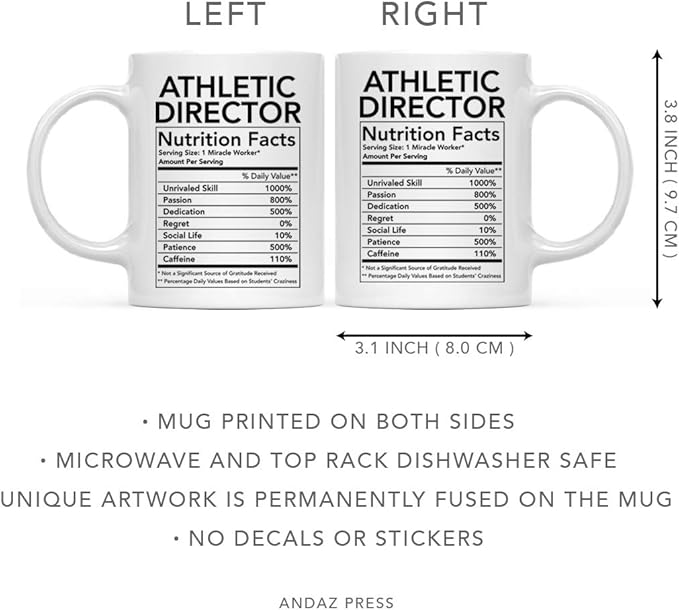 Andaz Press Funny 11oz. Ceramic Coffee Tea Mug Thank You Gift, Athletic Director Nutritional Facts, 1-Pack, Novelty Gag Birthday Christmas Ideas Coworker Athletic Director Mug Best Director