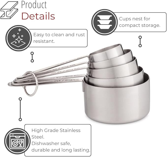 husMait Stainless Steel Measuring Cups - 5 Piece Heavy Duty Measuring Cup Set with Storage Ring