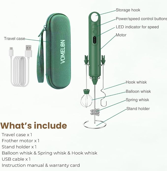 Rechargeable Milk Frother Handheld 3 Speed Coffee Foamer [3 Whisk] Electric Drink Mixer for Latte, Cappuccino, Coffee, Eggs, Hot Chocolate,Grass Green