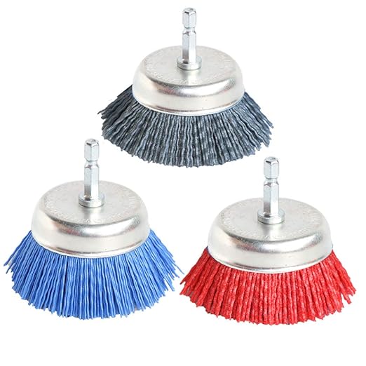 FPPO 3Pcs 3 Inch Assorted Cup Brushes Abrasive Wire Nylon Cup Brush for Drill,Grit 80 120 320 with 1/4" Shank,Rotary Brushes for Machines