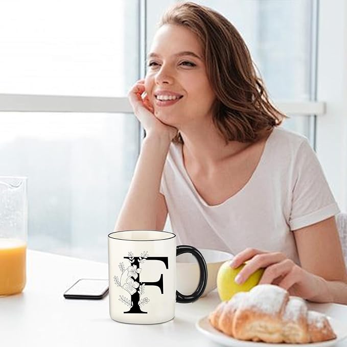 Monogram Ceramic Coffee Mugs, 11 oz Initial Drinking Cup with Gift Box, Unique Birthday Christmas Gifts for Women Wife Mothers Day Grandma Mom Aunt, F