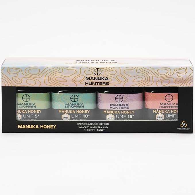 Manuka Hunters Raw New Zealand Honey Gift Set 4-Pack Honey Sampler with UMF 5+,10+,15+,20+ (125g = 85ml Each) – 100% Pure Natural Sweetener - Ideal for Tea, Coffee, Smoothies, Baking - Sustainable
