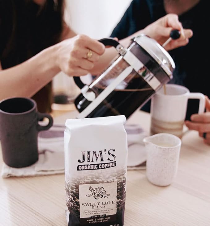 Jim’s Organic Coffee – Sweet Love Blend – Ground - Dark Roast, Bold 11 oz Bag - Certified Organic, Regeneratively Grown, Ethically Traded, Shade Grown Coffee
