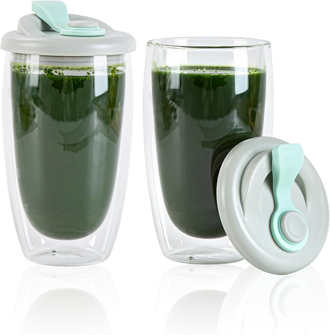 Restaurantware Glass Travel Mug 1 Count 15 Ounce Double Wall Borosilicate Reusable Coffee Cup, Spill-Resistant Gray and Green Silicone Lid, Clear Drinkware Mug for Hot and Cold Beverages