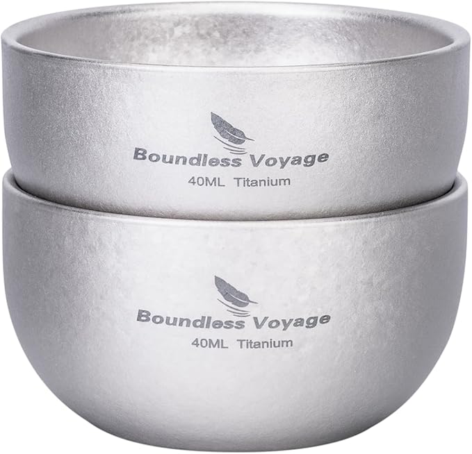iBasingo Titanium Double Wall Mini Cups Small 40ml Tea Cups for Drinking, Whiskey, Espresso, Coating-Free, Dishwasher Safe Ti3204D (Silver * 2)