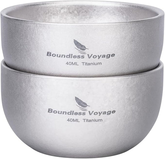 iBasingo Titanium Double Wall Mini Cups Small 40ml Tea Cups for Drinking, Whiskey, Espresso, Coating-Free, Dishwasher Safe Ti3204D (Silver * 2)
