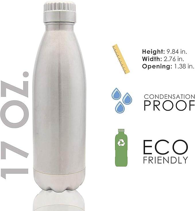 Minimalist Stainless Steel Water Bottle - 17oz Vacuum Insulated Bottle - Double Wall Copper Lined Flask - Leak Proof & Sweat Free - Classic Travel Canteen for Office & Gym by Vastigo