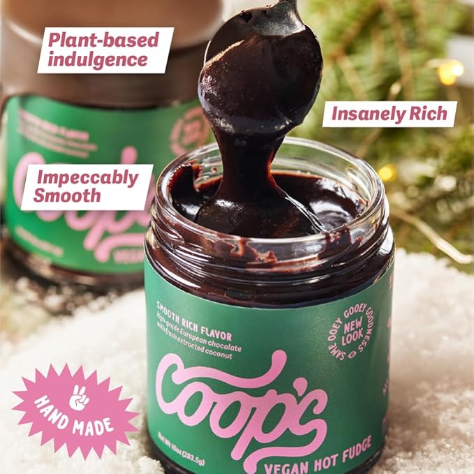 Coop's Vegan Hot Fudge Sauce 10.6 OZ - Gluten Free Vegan, Kosher, Non GMO, Gourmet, All Natural, Plant Based Dairy Free Whipped Topping for ICecream, Sundae, Panckaes, Milshake and more