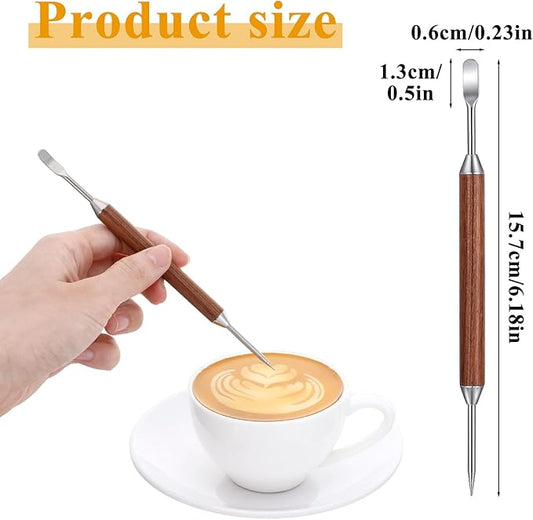 Teaaha 2 PCS Latte Art Pen Set, Stainless Steel Latte Art Pen Barista Tools with Wooden Handle, Double-Ended Coffee Stencils Tools for Professional Espresso Designs