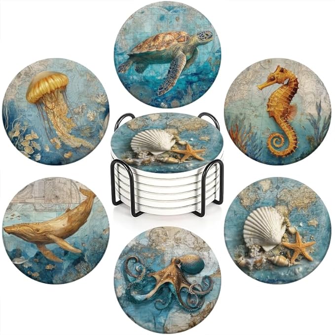 Absorbent Beach Coasters Set of 6 Retro Marine Creatures Coasters Cork Base Tabletop Protection,Home Coast Nautical Coasters for Bar Kitchen Decor Suitable for Wooden Table Coffee Tables,Desks
