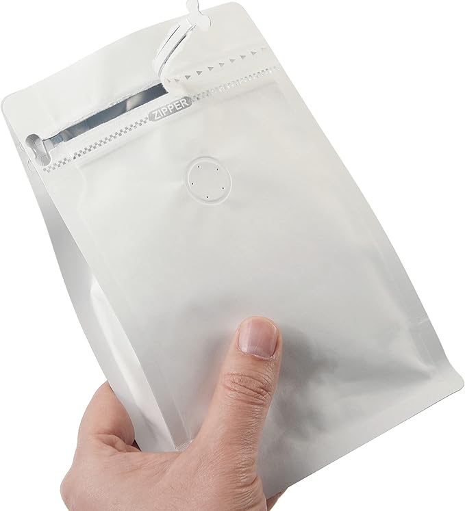 100 Count 12 Ounces White Kraft Paper Coffee Bags - High Barrier Aluminium Foil Liner - Flat Bottom Coffee Pouches with Degassing Valve, Food Storage Bags with Rsealable Zipper & Easy Open Tape (100pcs, 12oz/0.75lb)