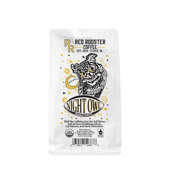 Organic Night Owl Half-Caff - Roasted by Red Rooster Coffee - Whole Bean Coffee - 12 Ounce Bag