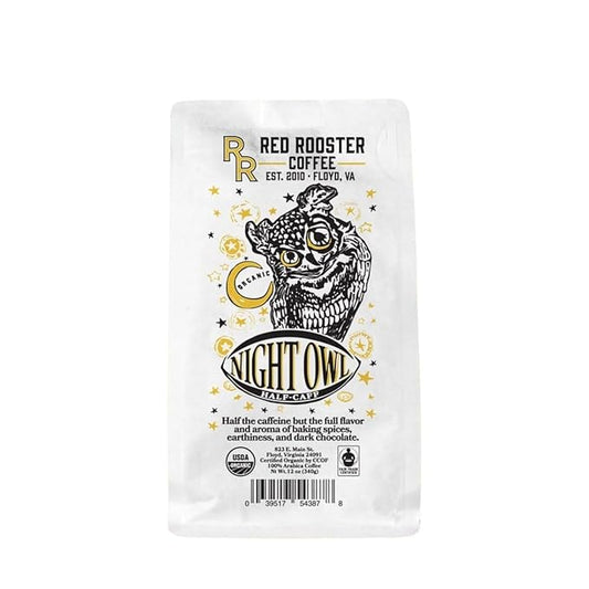 Organic Night Owl Half-Caff - Roasted by Red Rooster Coffee - Whole Bean Coffee - 12 Ounce Bag