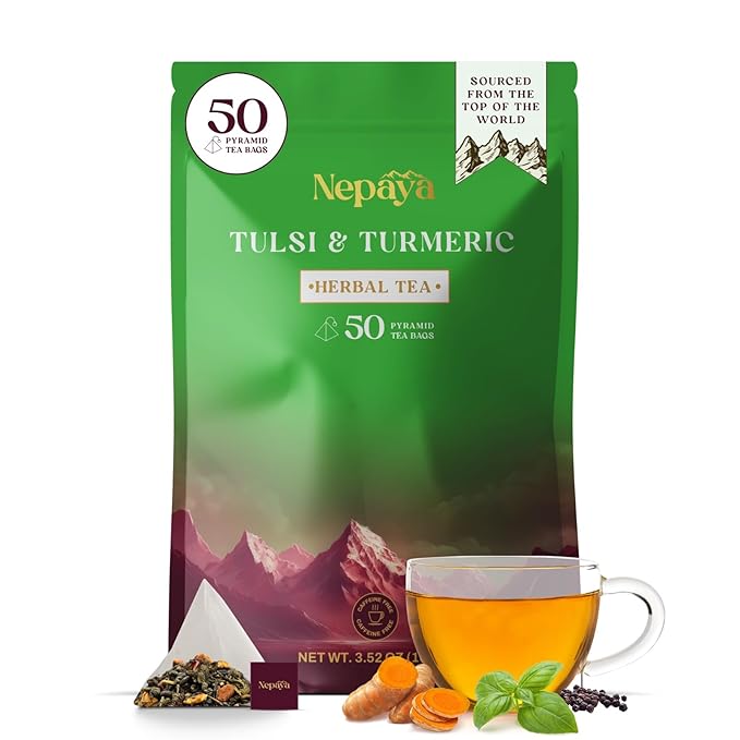 Nepaya Tulsi & Turmeric Herbal Tea – 50 Pyramid Tea Bags, Holy Basil with Cinnamon & Black Pepper, Biodegradable, Caffeine-Free, Himalayan Blend