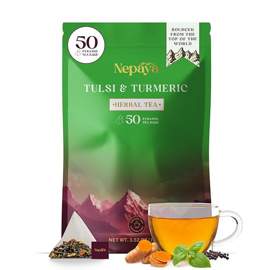 Nepaya Tulsi & Turmeric Herbal Tea – 50 Pyramid Tea Bags, Holy Basil with Cinnamon & Black Pepper, Biodegradable, Caffeine-Free, Himalayan Blend