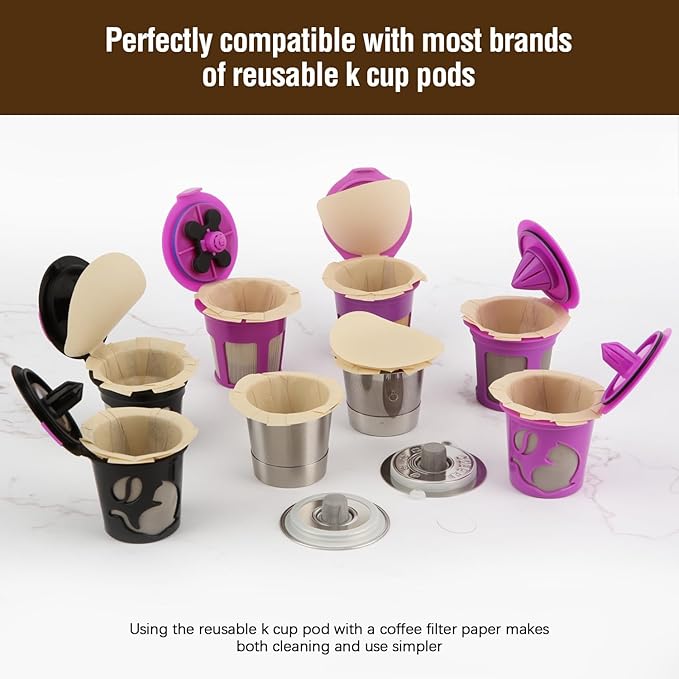 Disposable K Cup Filters with Lid, Coffee Filter Paper for Brewers Single Serve 1.0 and 2.0, Use with Reusable K Cup Pods (Natural, 200 Count)