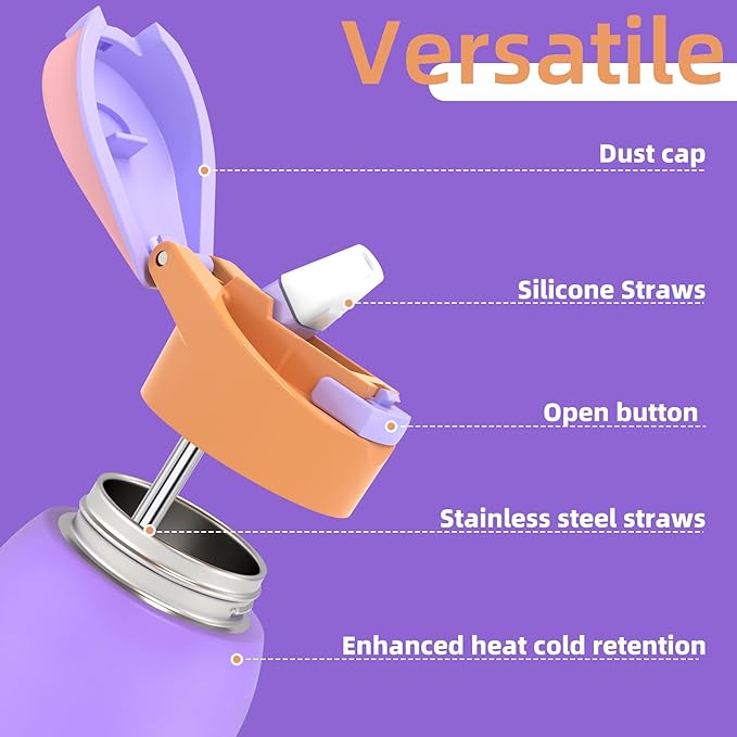 koodee Kids 16oz Free-sip Insulated Stainless Steel Water Bottles with Soft Straw,Quick Flip GO Bounce Cup Thermo-flask,Pop & Fill Double-Wall Vacuum Bottle,for School, Sports,Travel(Peach Lavender)
