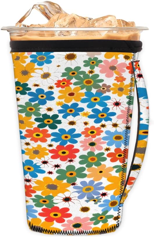 Reusable Iced Coffee Cup Sleeve Colorful Blooming Flowers Neoprene Insulated Sleeves Cup Holder with handle Idea for 16oz - 18oz