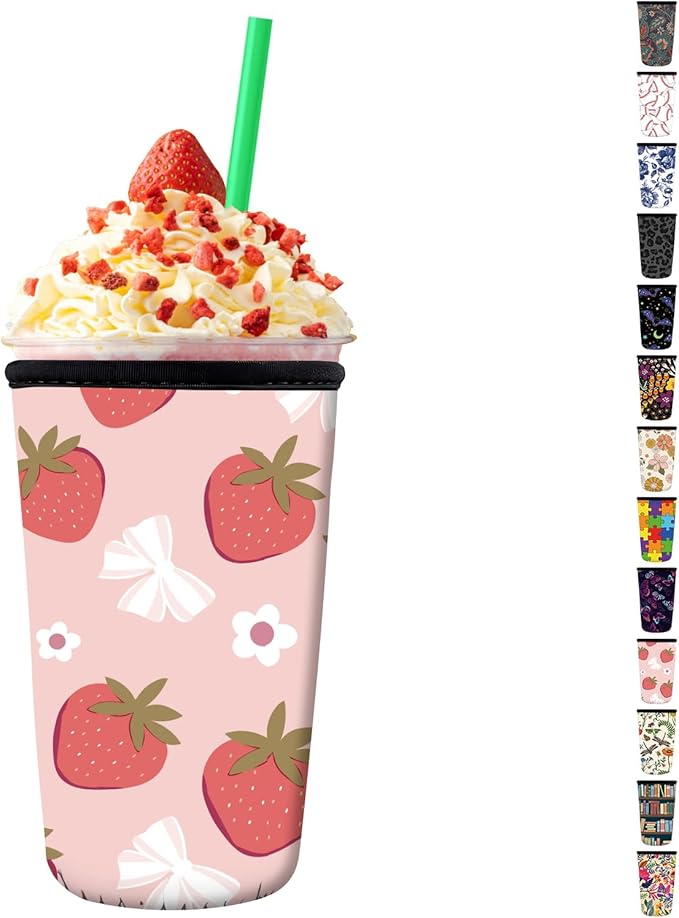 Reusable Neoprene Insulator Sleeve for Iced Coffee Cups, Medium 22-28oz Durable Drink Sleeve for Cold Beverages, Cute Beverage Holder Cup Sleeve for Women Men Cute Pink Strawberry