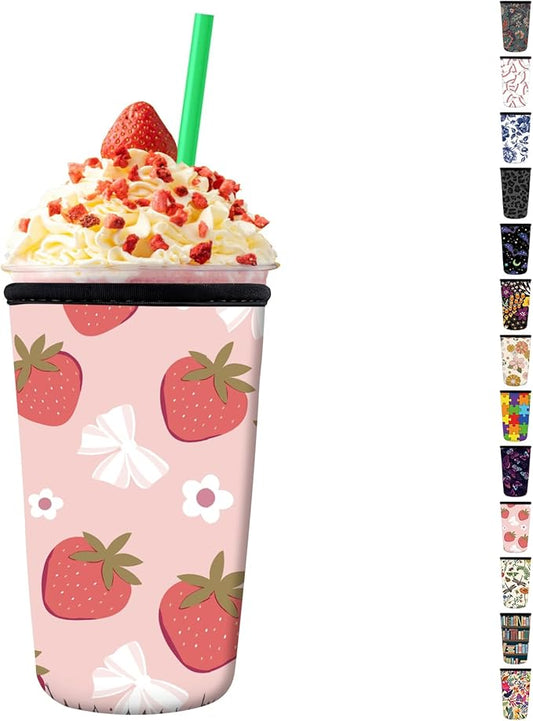 Reusable Neoprene Insulator Sleeve for Iced Coffee Cups, Medium 22-28oz Durable Drink Sleeve for Cold Beverages, Cute Beverage Holder Cup Sleeve for Women Men Cute Pink Strawberry