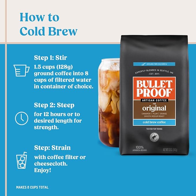 Bulletproof Original Cold Brew Coffee, Medium Roast Coarse Ground, Clean and Tested for Toxins, Smooth Artisan Coffee for Cold Brew Iced Coffee, 12 oz (2 Pack)