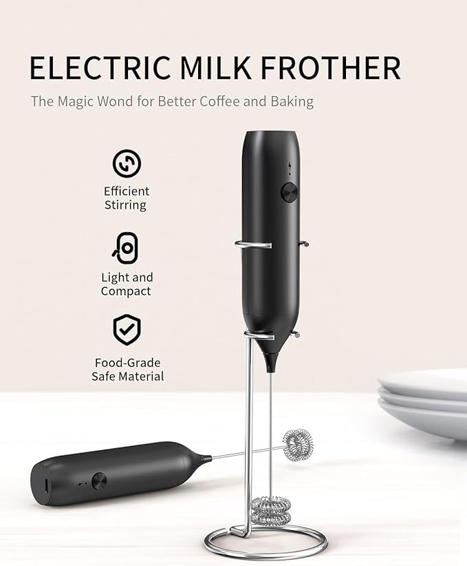 CIRCLE JOY Rechargeable Milk Frother Handheld with Stand, Double Coil Whisk Coffee Frother Wand Drink Mixer for Coffee, Cappuccino, Lattes, Frappe, Matcha and Hot Chocolate, Black