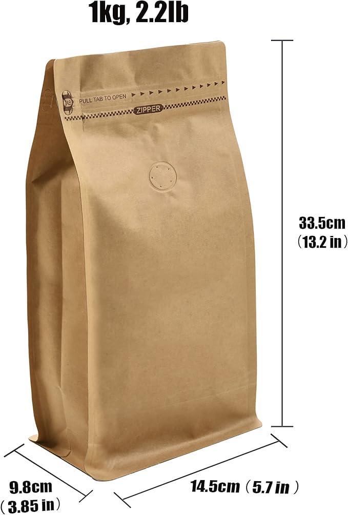 50 Pieces 1 Kg Kraft Paper Stand Up Coffee Bag/Flat Bottom Pouch with Air Release Valve and Reusable Side Zipper. (50pcs, 2.2lb/32oz/1kg)